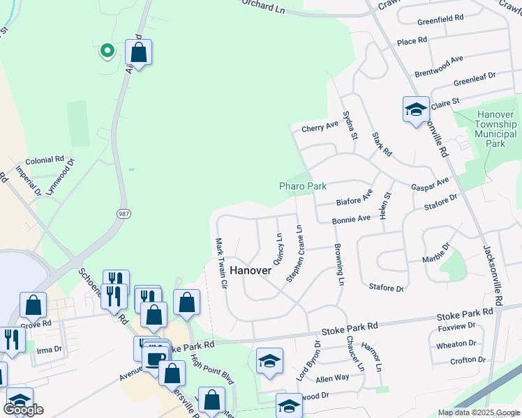 map of restaurants, bars, coffee shops, grocery stores, and more near 2110 Mark Twain Circle in Bethlehem