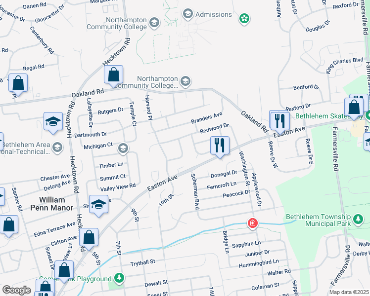 map of restaurants, bars, coffee shops, grocery stores, and more near 3870 Cypress Lane in Bethlehem
