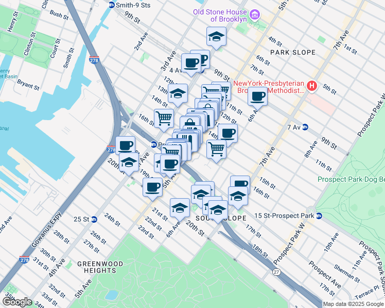 map of restaurants, bars, coffee shops, grocery stores, and more near 162 16th Street in Brooklyn