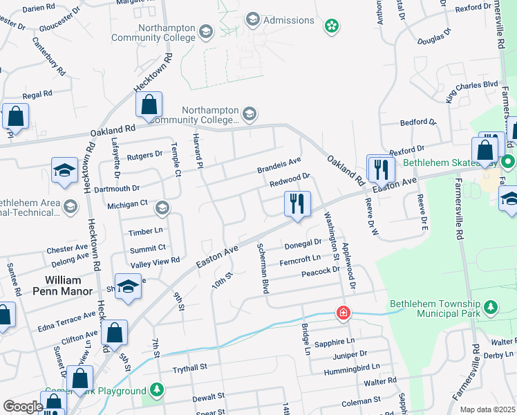 map of restaurants, bars, coffee shops, grocery stores, and more near 3896 Killarney Drive in Bethlehem