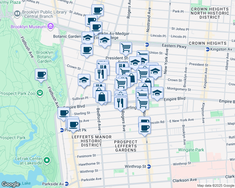 map of restaurants, bars, coffee shops, grocery stores, and more near 21 Ludlam Place in Brooklyn