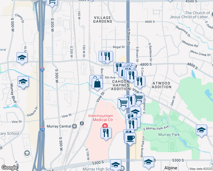 map of restaurants, bars, coffee shops, grocery stores, and more near 14 West Vine Street in Murray