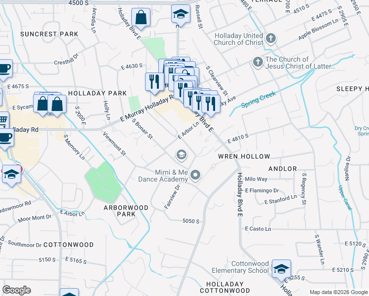 map of restaurants, bars, coffee shops, grocery stores, and more near 4817 Harper Street in Holladay