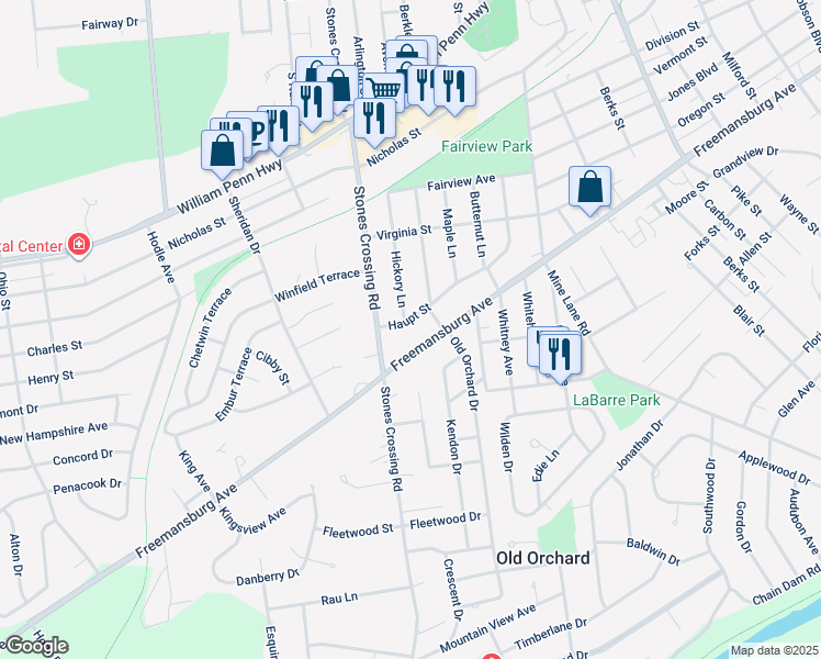map of restaurants, bars, coffee shops, grocery stores, and more near 3820 Haupt Street in Easton