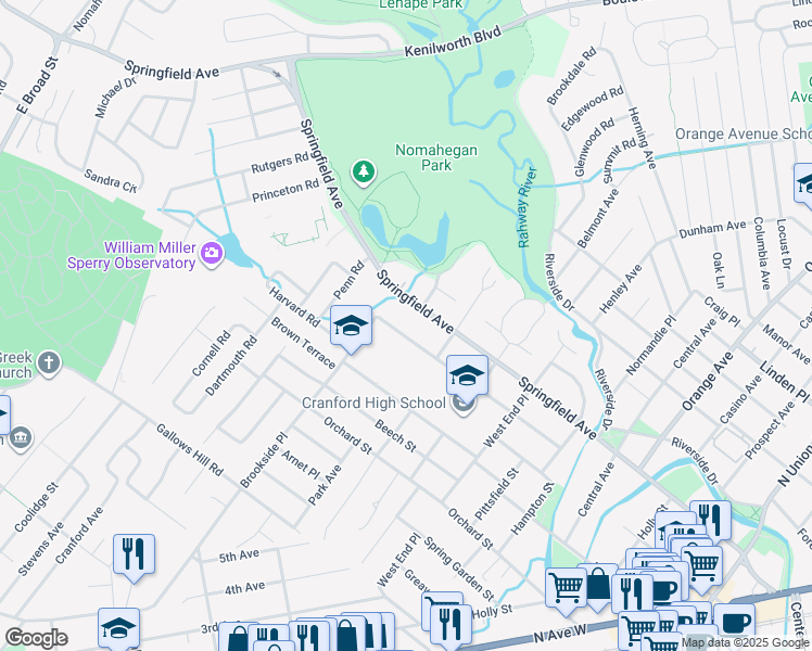 map of restaurants, bars, coffee shops, grocery stores, and more near 738 Willow Street in Cranford