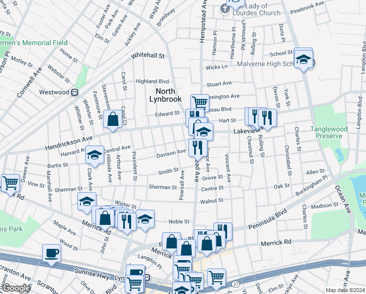 map of restaurants, bars, coffee shops, grocery stores, and more near 73 Davison Avenue in Lynbrook
