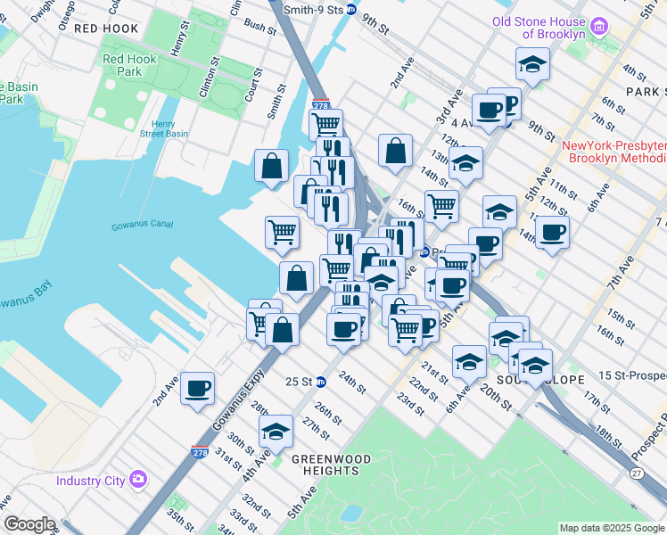 map of restaurants, bars, coffee shops, grocery stores, and more near 94 20th Street in Brooklyn