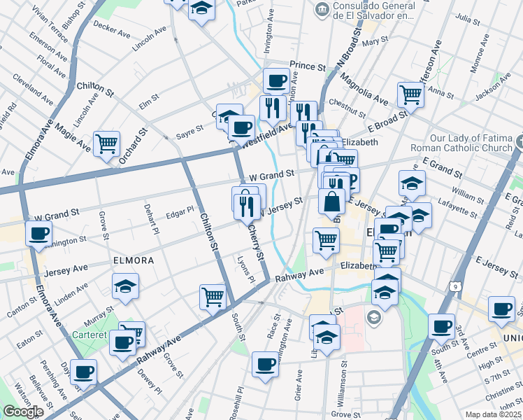 map of restaurants, bars, coffee shops, grocery stores, and more near 79 West Jersey Street in Elizabeth