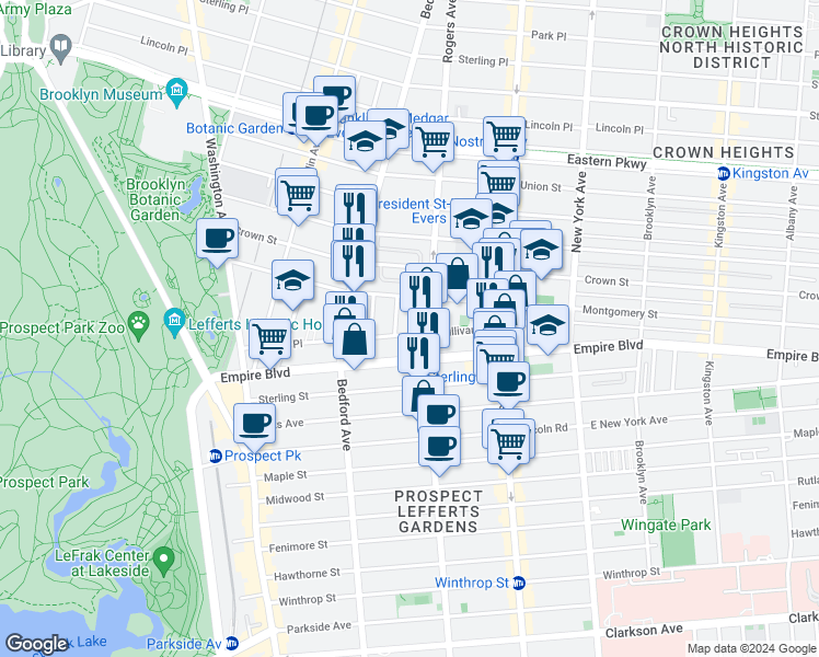 map of restaurants, bars, coffee shops, grocery stores, and more near 195 Sullivan Place in Brooklyn