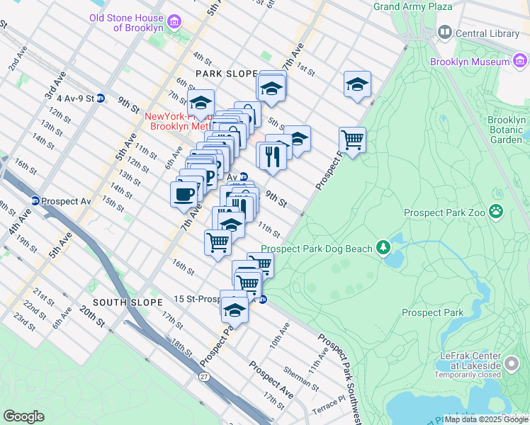 map of restaurants, bars, coffee shops, grocery stores, and more near 654 10th Street in Brooklyn