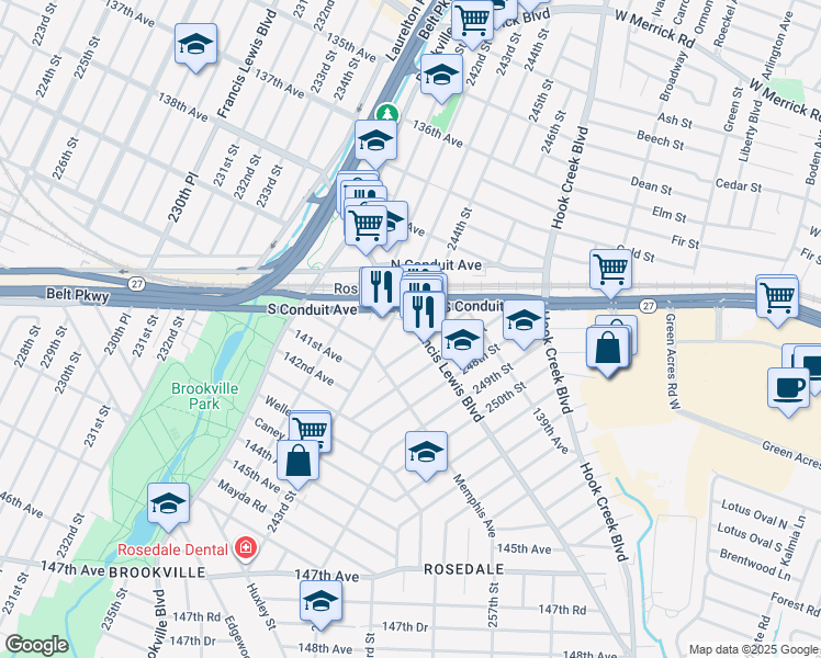 map of restaurants, bars, coffee shops, grocery stores, and more near 243-02 South Conduit Avenue in Queens