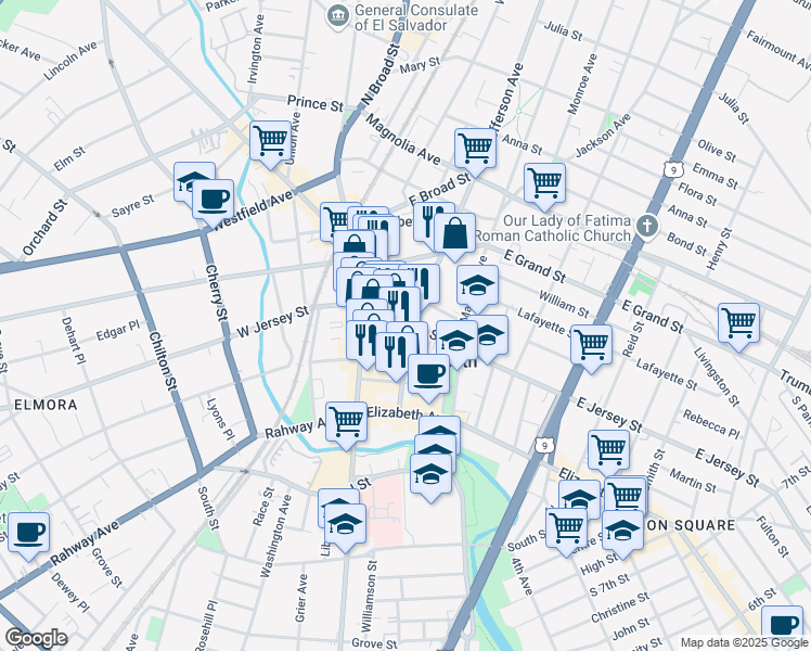 map of restaurants, bars, coffee shops, grocery stores, and more near 1135 East Jersey Street in Elizabeth