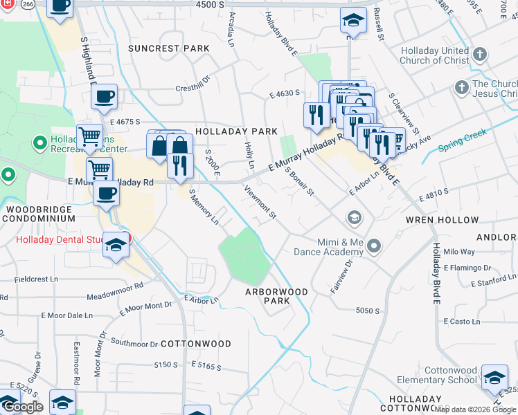 map of restaurants, bars, coffee shops, grocery stores, and more near 4825 Viewmont Street in Salt Lake City
