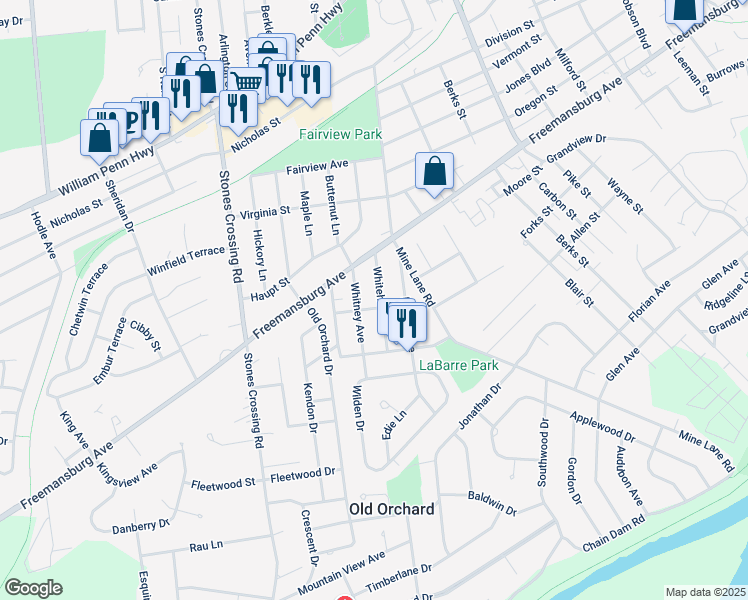 map of restaurants, bars, coffee shops, grocery stores, and more near 1161 Whitehall Avenue in Easton