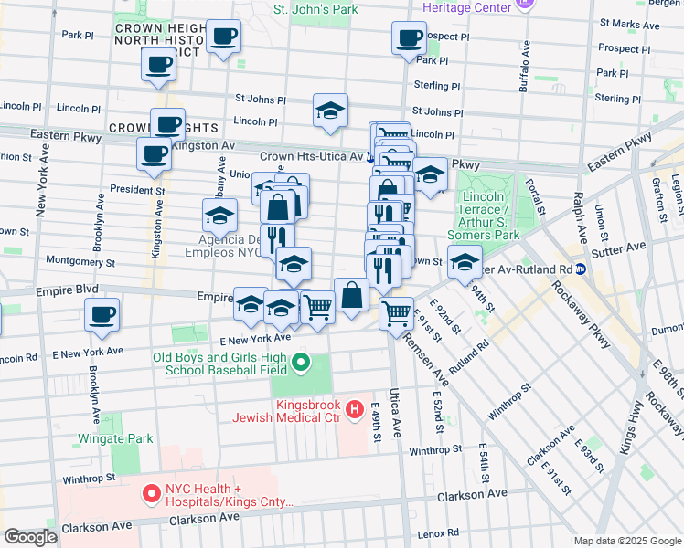 map of restaurants, bars, coffee shops, grocery stores, and more near 921 Montgomery Street in Brooklyn
