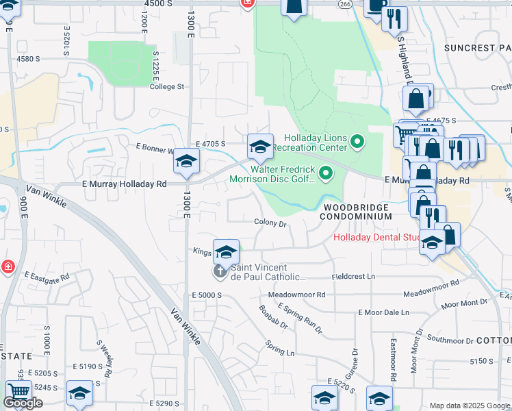 map of restaurants, bars, coffee shops, grocery stores, and more near 1442 Saratoga Road in Holladay