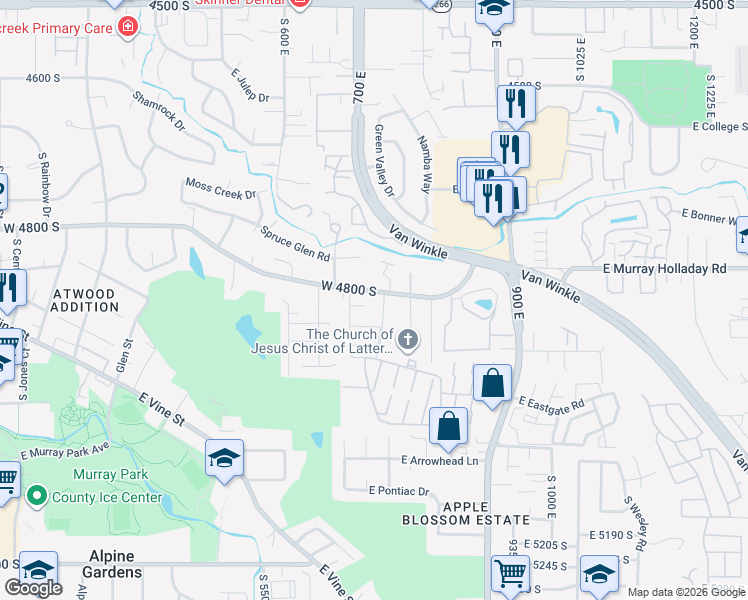 map of restaurants, bars, coffee shops, grocery stores, and more near 693 4800 South in Murray