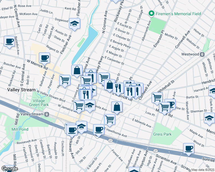 map of restaurants, bars, coffee shops, grocery stores, and more near 71 East Maple Street in Valley Stream