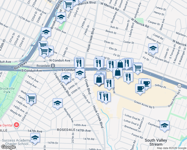 map of restaurants, bars, coffee shops, grocery stores, and more near 137-06 249th Street in Valley Stream