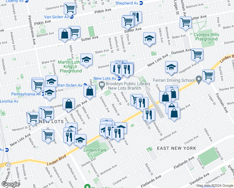 map of restaurants, bars, coffee shops, grocery stores, and more near 710 Warwick Street in Brooklyn