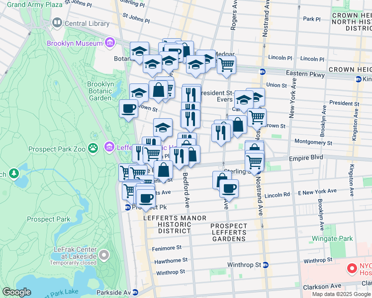 map of restaurants, bars, coffee shops, grocery stores, and more near 1680 Bedford Avenue in Brooklyn
