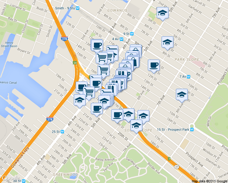 map of restaurants, bars, coffee shops, grocery stores, and more near 162 16th Street in Brooklyn