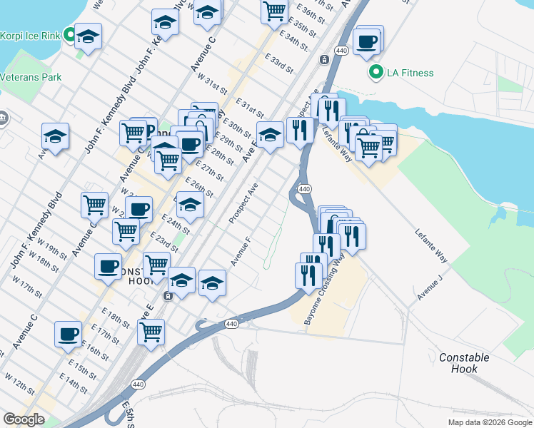 map of restaurants, bars, coffee shops, grocery stores, and more near 232 Avenue F in Bayonne