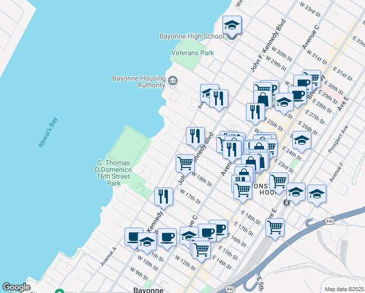 map of restaurants, bars, coffee shops, grocery stores, and more near 133 West 20th Street in Bayonne