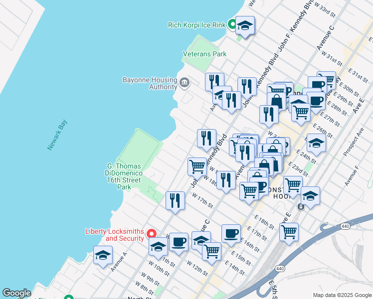 map of restaurants, bars, coffee shops, grocery stores, and more near 155 West 19th Street in Bayonne