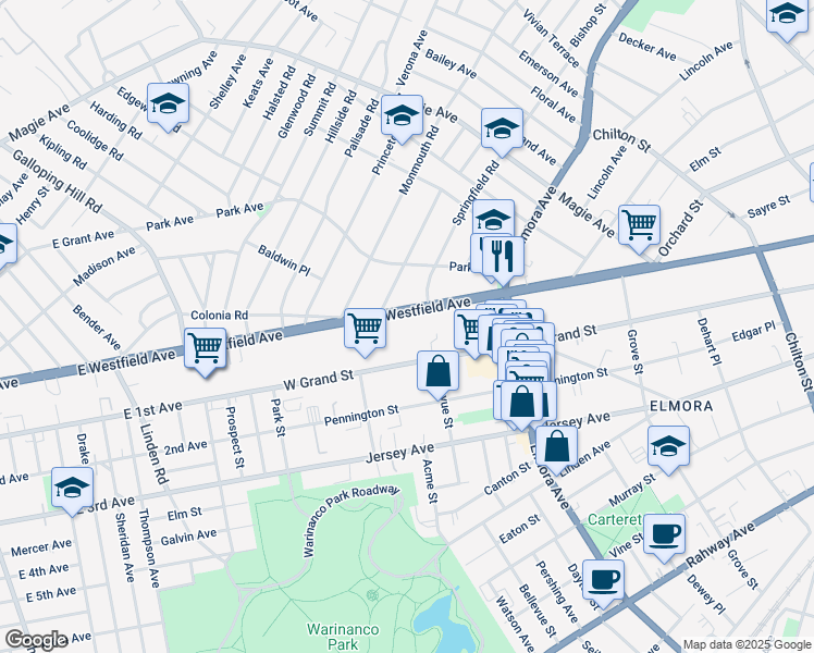 map of restaurants, bars, coffee shops, grocery stores, and more near 710 Westfield Avenue in Elizabeth
