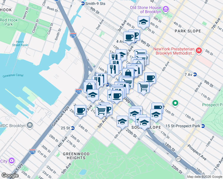 map of restaurants, bars, coffee shops, grocery stores, and more near 203 17th Street in Brooklyn