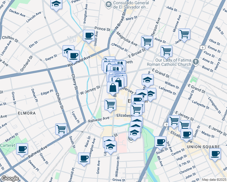 map of restaurants, bars, coffee shops, grocery stores, and more near in Elizabeth