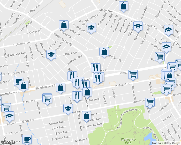 map of restaurants, bars, coffee shops, grocery stores, and more near 21 Galloping Hill Road in Elizabeth
