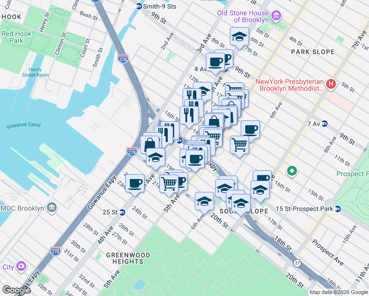 map of restaurants, bars, coffee shops, grocery stores, and more near 201 17th Street in Brooklyn