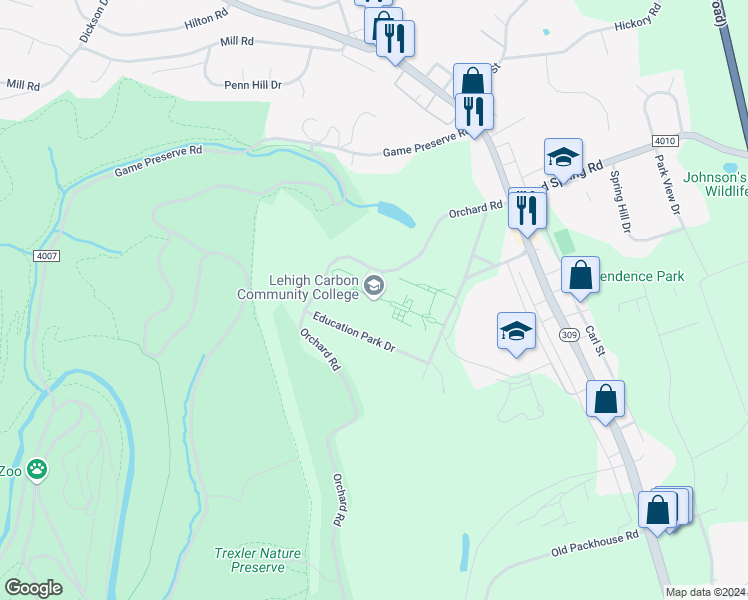 map of restaurants, bars, coffee shops, grocery stores, and more near 4525 Education Park Drive in Schnecksville