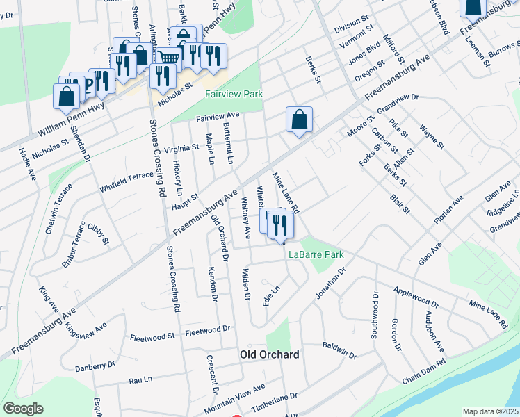 map of restaurants, bars, coffee shops, grocery stores, and more near 1161 Whitehall Avenue in Easton