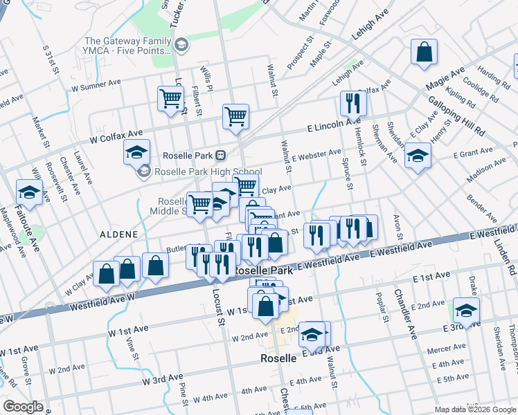map of restaurants, bars, coffee shops, grocery stores, and more near 26 East Clay Avenue in Roselle Park