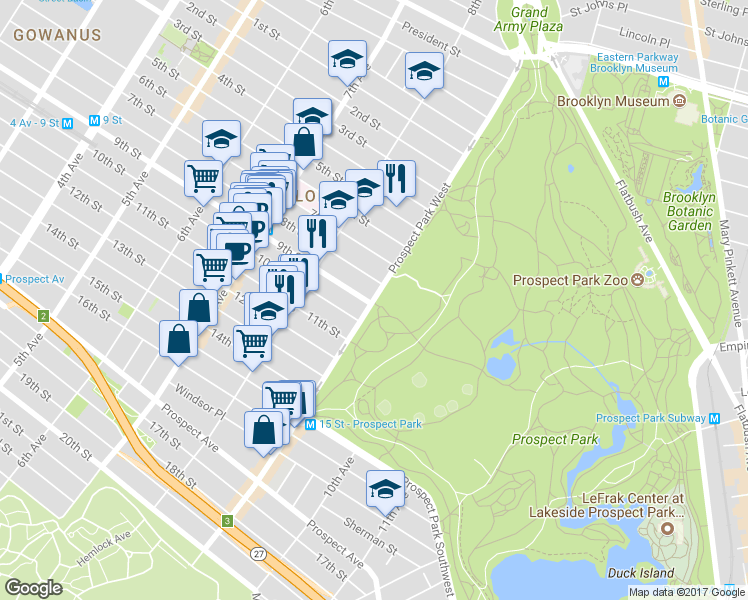 map of restaurants, bars, coffee shops, grocery stores, and more near 139 Prospect Park West in Brooklyn
