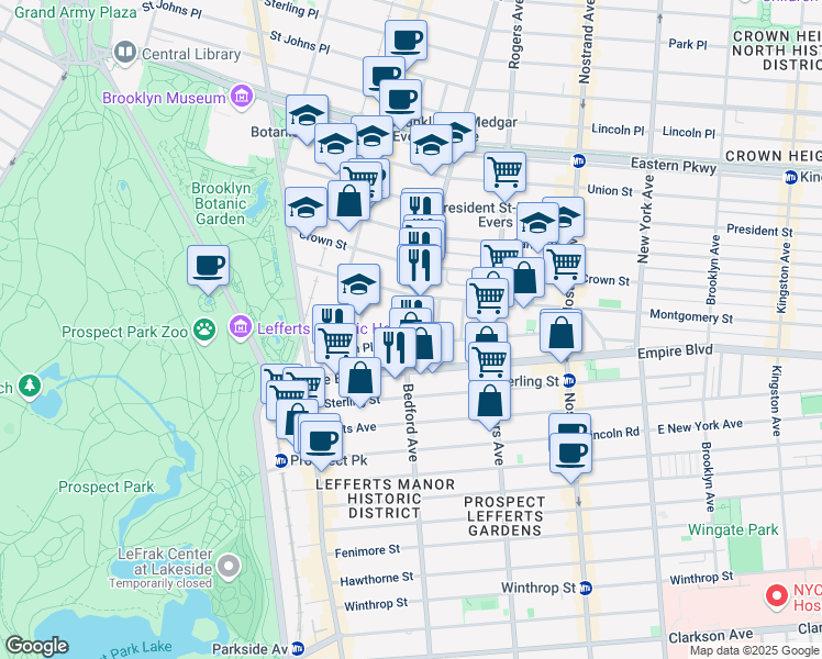 map of restaurants, bars, coffee shops, grocery stores, and more near 1715 Bedford Avenue in Brooklyn