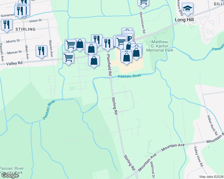 map of restaurants, bars, coffee shops, grocery stores, and more near 221 Stirling Road in Watchung
