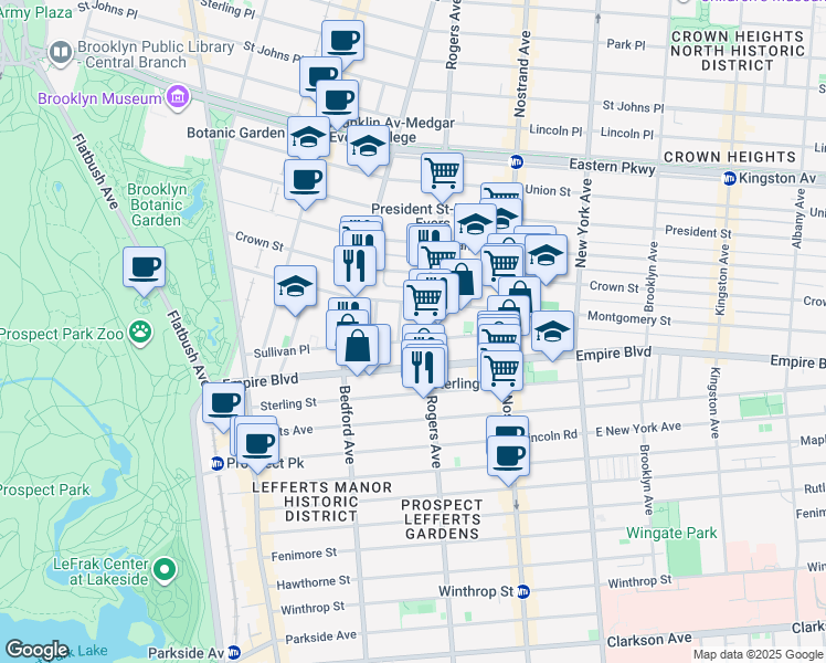 map of restaurants, bars, coffee shops, grocery stores, and more near 21 Ludlam Place in Brooklyn