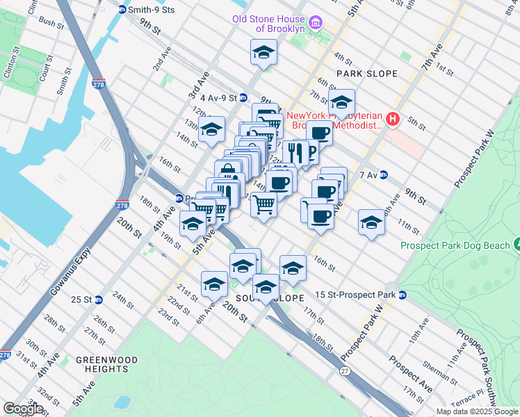 map of restaurants, bars, coffee shops, grocery stores, and more near 258 15th Street in Brooklyn
