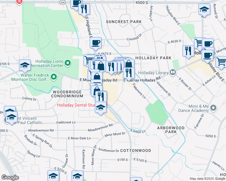 map of restaurants, bars, coffee shops, grocery stores, and more near 4835 Highland Drive in Holladay