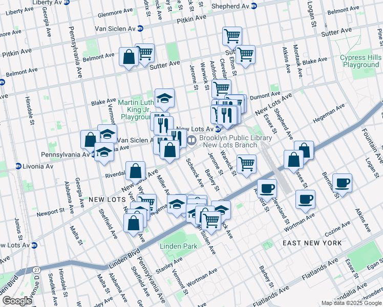 map of restaurants, bars, coffee shops, grocery stores, and more near 630 New Lots Avenue in Brooklyn