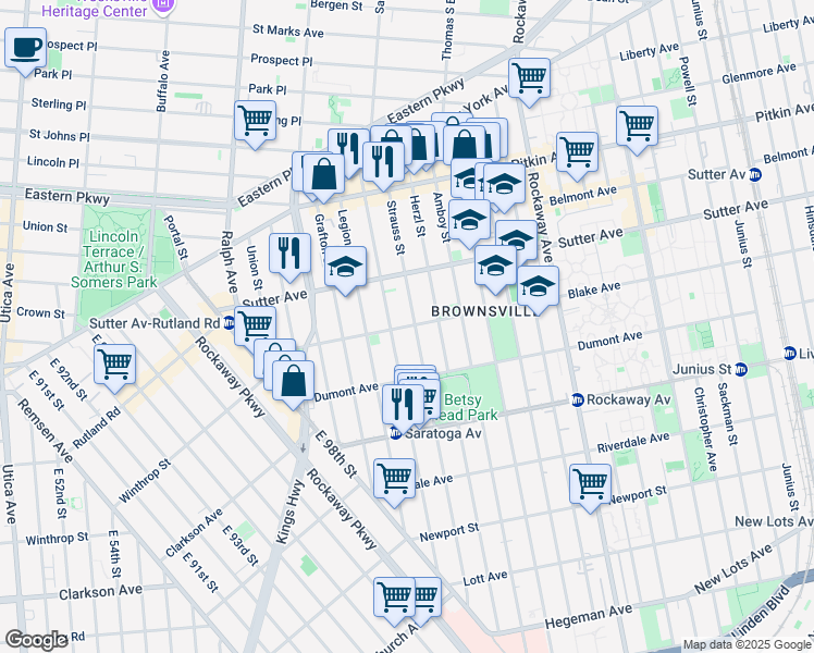 map of restaurants, bars, coffee shops, grocery stores, and more near 2010 Strauss Street in Brooklyn