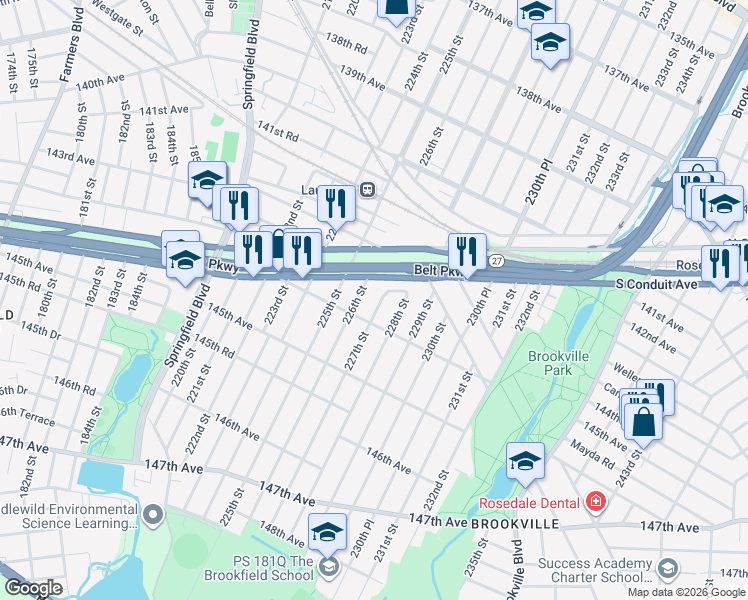 map of restaurants, bars, coffee shops, grocery stores, and more near 22 143rd Road in Queens
