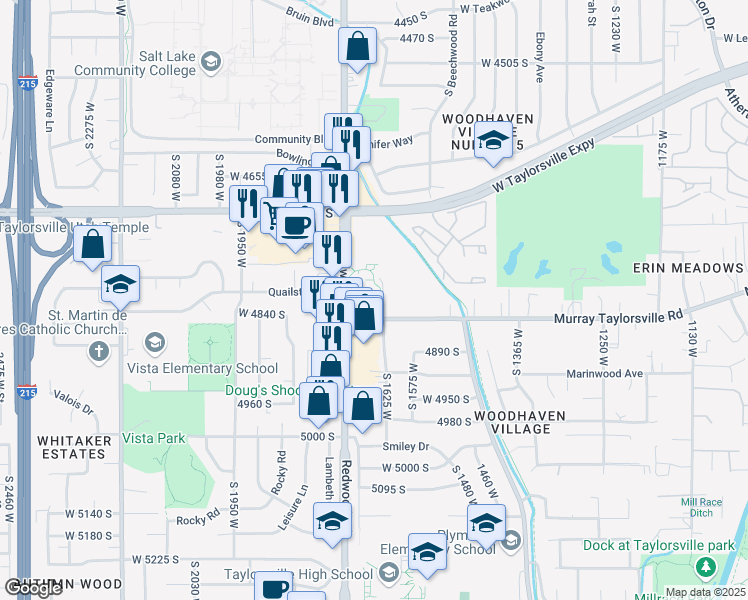 map of restaurants, bars, coffee shops, grocery stores, and more near 4764 S Plymouth View Drive in Taylorsville