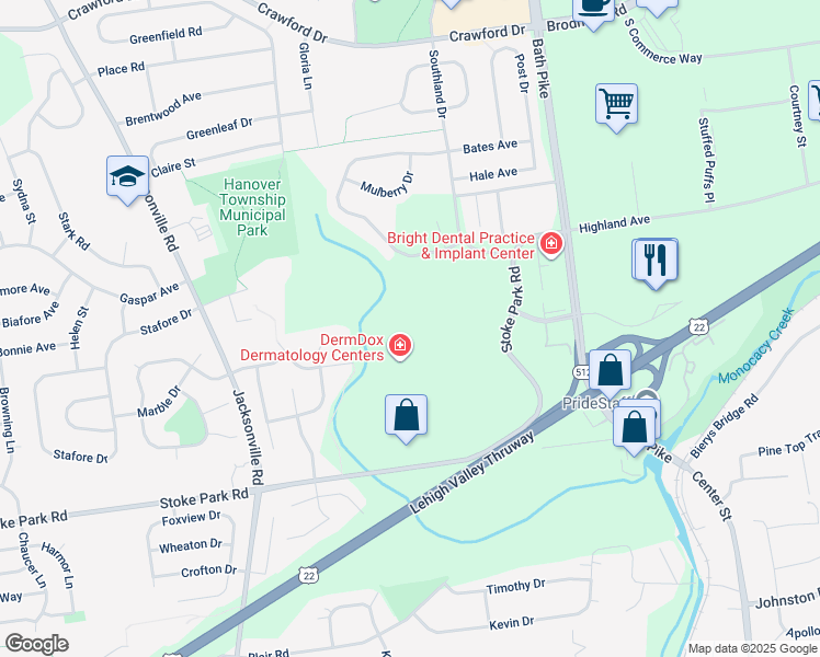 map of restaurants, bars, coffee shops, grocery stores, and more near 5300 Northgate Drive in Bethlehem