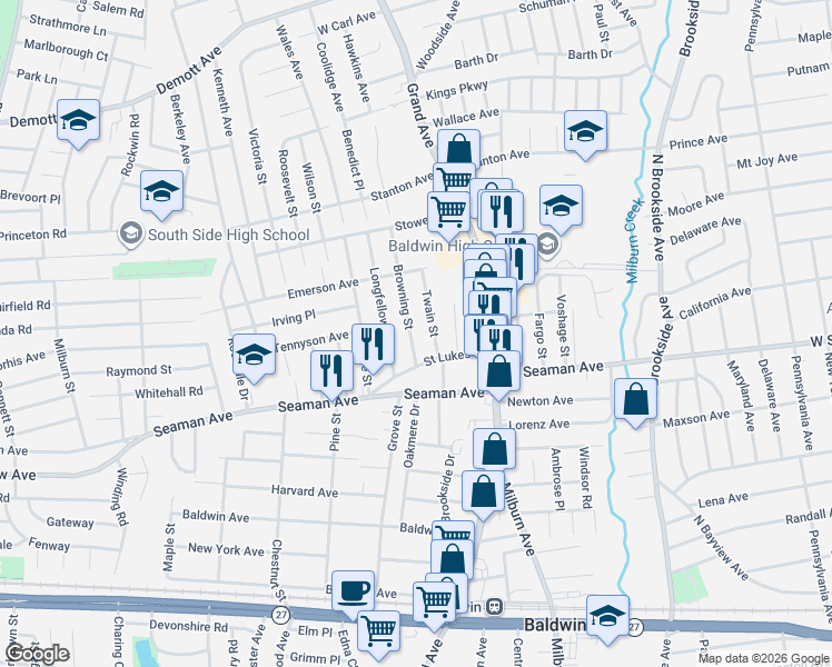 map of restaurants, bars, coffee shops, grocery stores, and more near 1875 Browning Street in Baldwin