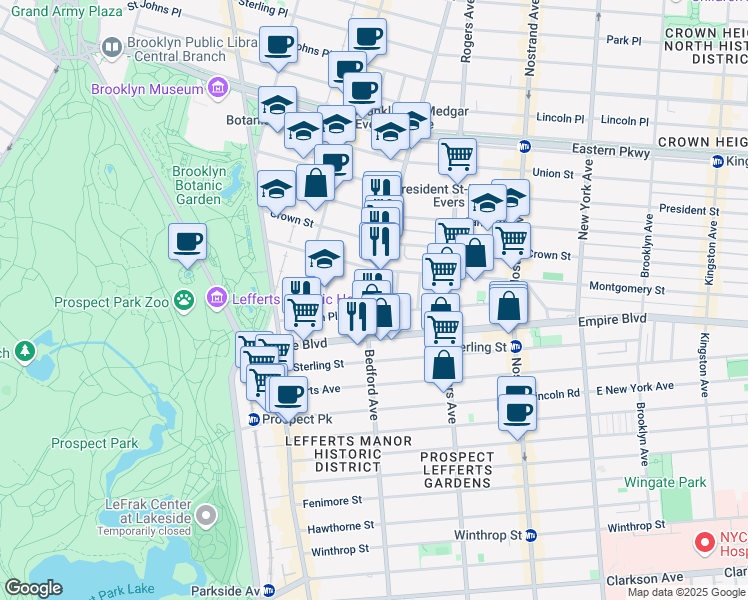 map of restaurants, bars, coffee shops, grocery stores, and more near 1715 Bedford Avenue in Brooklyn